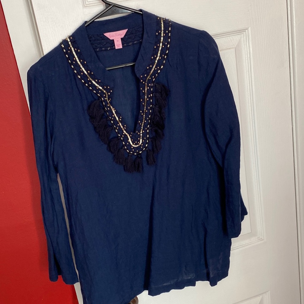 Lilly pulitzer gold and fringe detail linen top, medium.